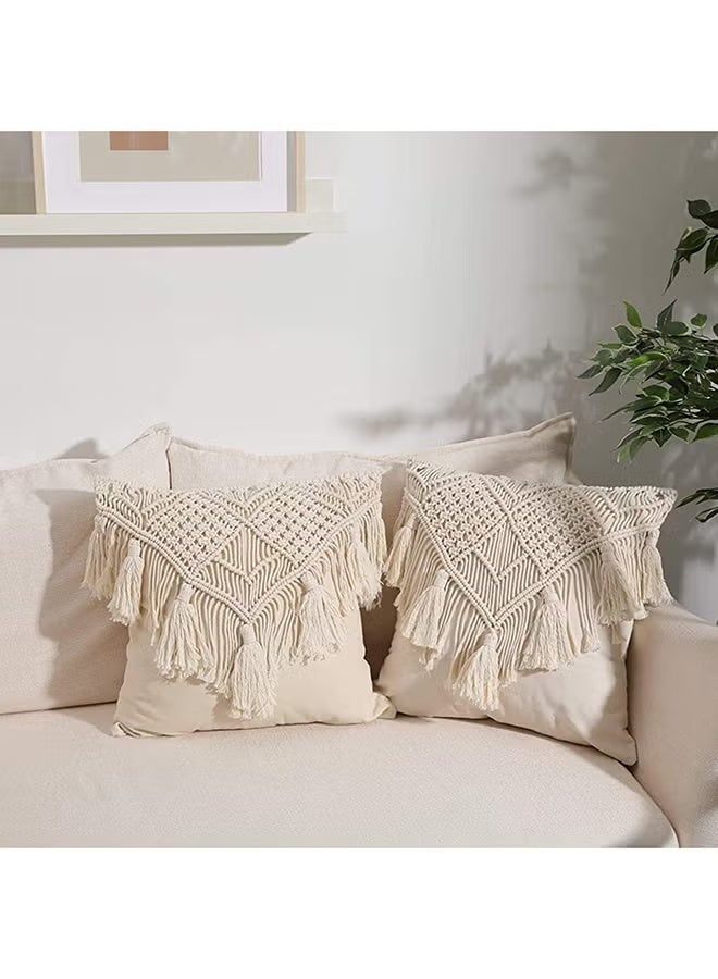 HMK CRAFTS غطاء وسادة مربع مصنوع يدويا من القطن المكرمية بنمط بوهيمي - Image 2